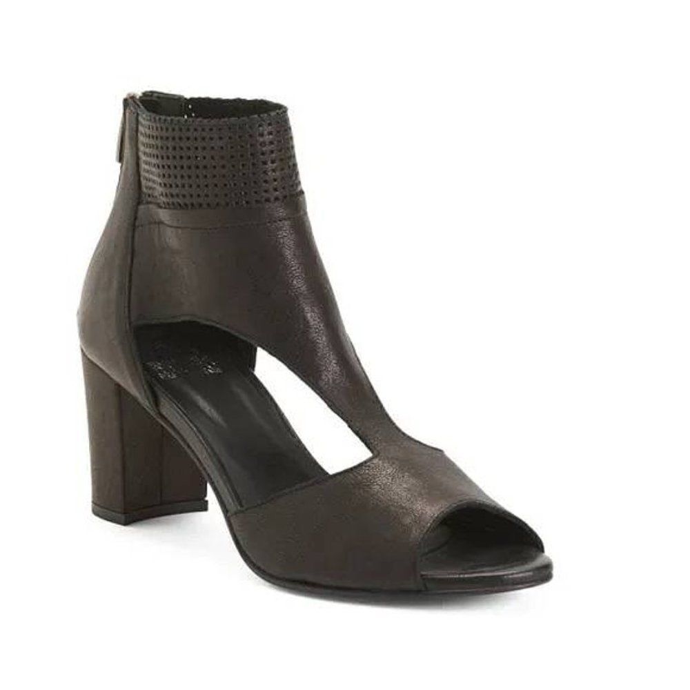 Emanuele Castro Italy Leather Caged T-Strap Bootie Block Heel Sandal in Black 38